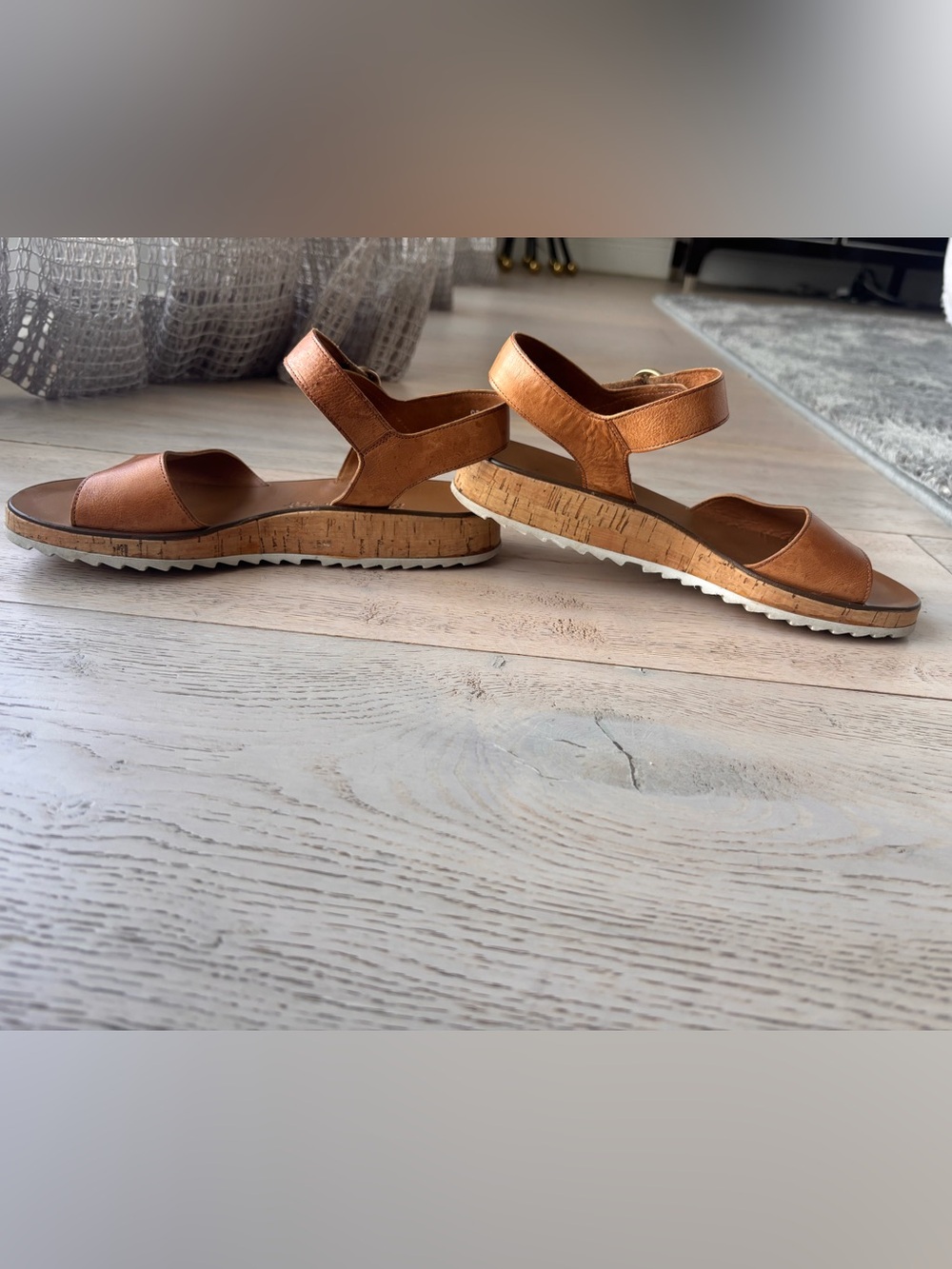 Paul Green Tan Leather Cork-Platform Sandals with Gold Buckle - Picture 3 of 8